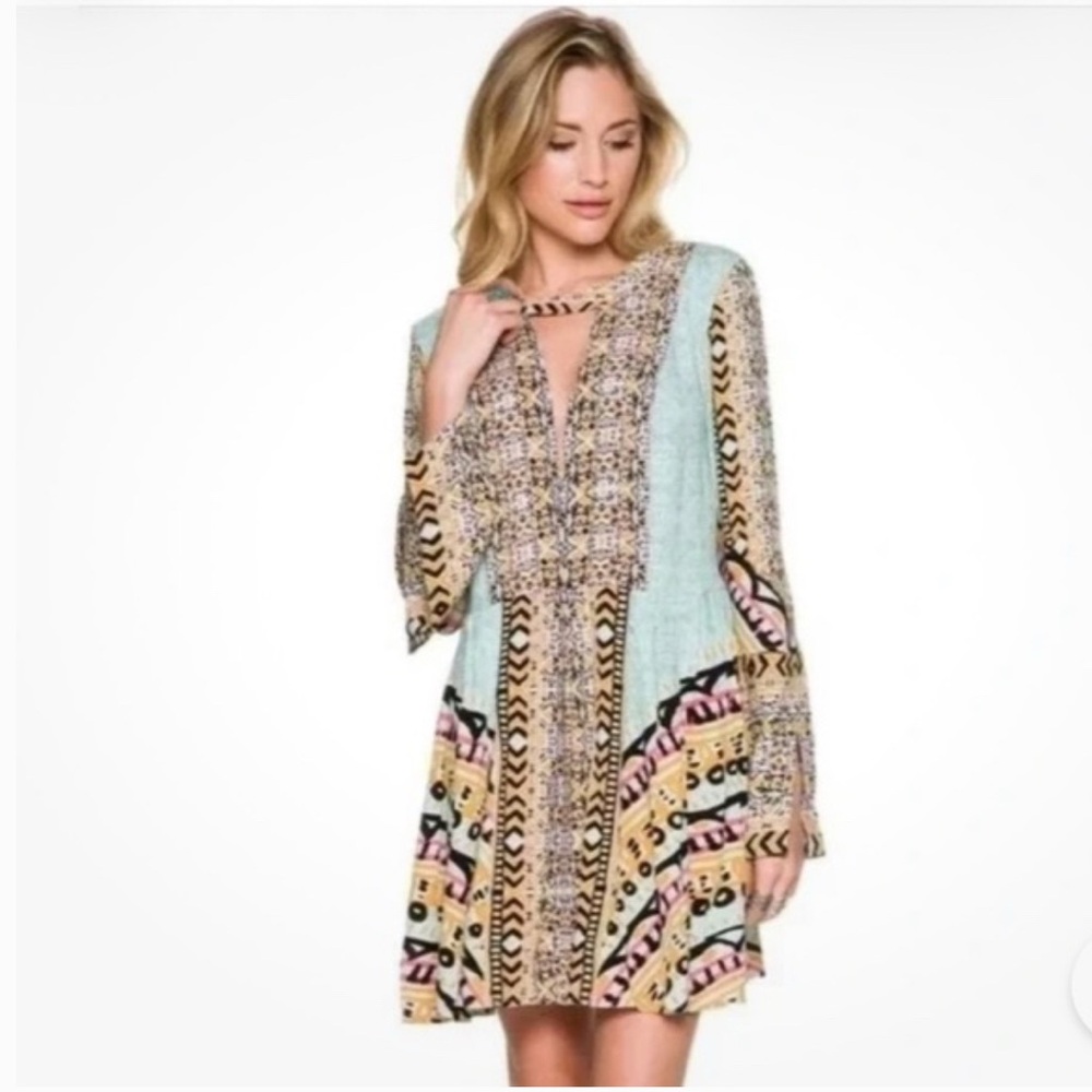 Free People Tegan Boho Long-Sleeve Mini Dress in Mint and Mustard